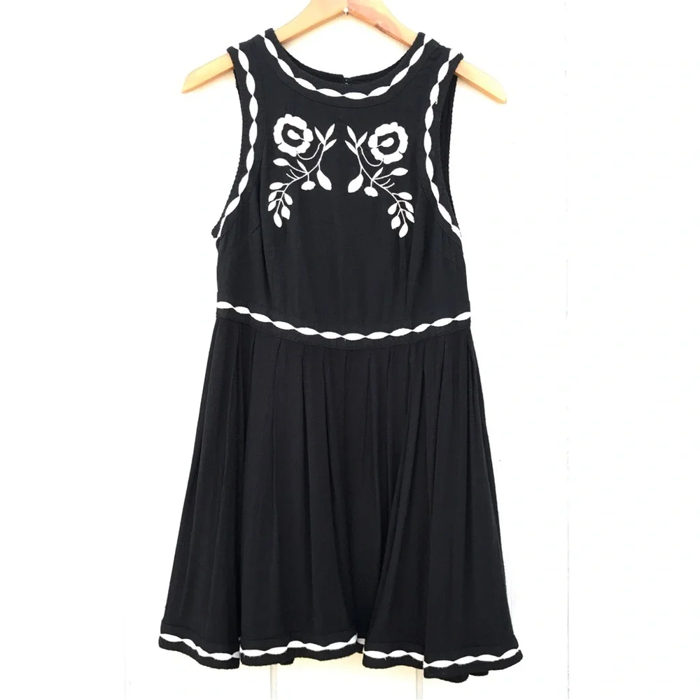 Free People Black Dress with Cream Bird Embroidery